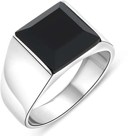 Siegelring Onyx Stein Schwarz 925er Sterling Silber Rhodiniert Anlaufgeschützt für Damen und Herren 62 (19,7 mm Ø)