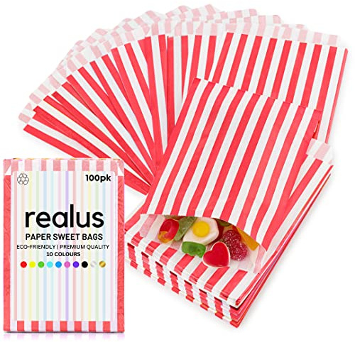 Söta påsar med rött papper 12,7 x 17,8 cm | REALUS 100-pack liten tom godispåse | TILLVERKAD I BRITAIN | Retro godisväskor – perfekt för barnfest, Pic n Mix Shop, bröllopsgåvor, popcorn