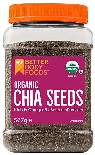 BetterBody Foods Organic Chia Seeds - Source of Omega-3, 5g of Protein, 10g of Fibre - Vegan, Keto, Gluten Free and Non-GMO Flavour Neutral Favourite - 567g