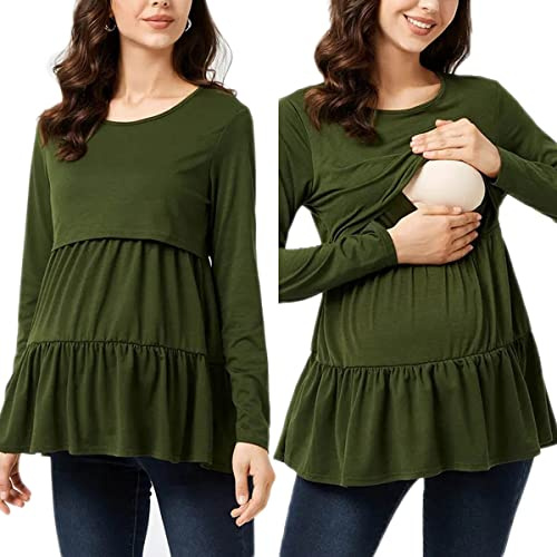 Buliezy Tops d'allaitement Chemise à Manches Longues pour Femmes,Col Rond Vert Robe de Maternité Printemps-Automne pour Maman Allaitante Convient Aux Femmes Enceintes,S