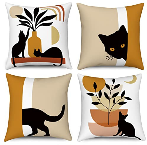 Hnmdmyi Copricuscino Boho 45x45 Set di 4, Gatto Nero Astratto Pianta Sole Luna Copricuscino decorativo Arte Moderna Minimalista Estetica Copricuscino in lino per Divano Letto Esterno Casa Decorazione
