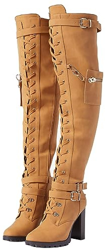 Yishaweiqi Buckle Strap Thigh High Boots for Women Chunky Block High Heel Over The Knee Boots Lace up Riding Combat Boots Ladies Side Zipper Tall Long Boots
