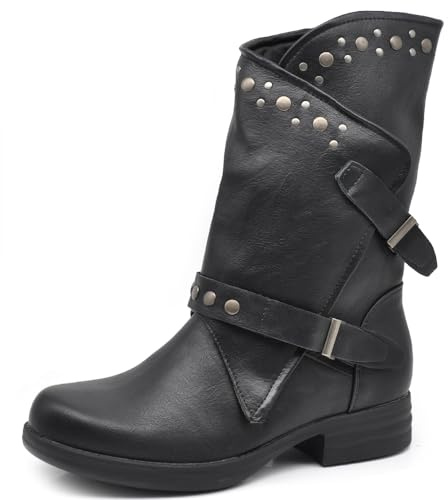IF Fashion Chaussures Femme Bottes Bottines Biker Boucles Amphibiens au mollet avec Boucles 636, 647 2 Noir, 37 EU