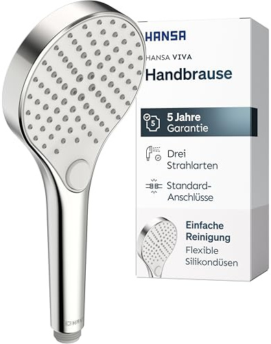 HANSA VIVA Breiter Duschkopf mit 3 Strahlarten I Handbrause Dusche | Dreistrahlig mit Druckknopf Umsteller I Anti-Kalk Funktion I Brausekopf 110 mm Durchmesser | Standard G 1/2 Anschluss | Chrom
