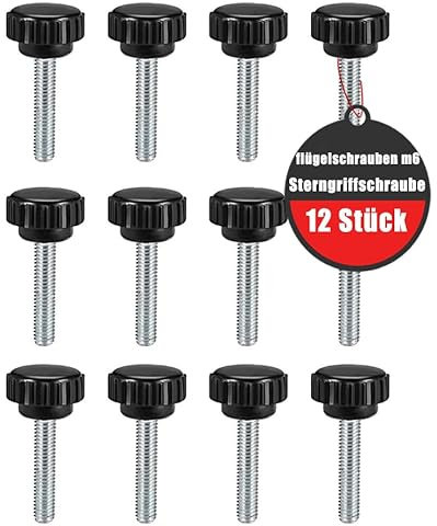 Lot de 12 vis à poignée étoile, vis avec poignée M6 x 30 mm, vis moletée, écrou à poignée en étoile, bouton de serrage pour machine-outil, boulonnerie machine (noir)