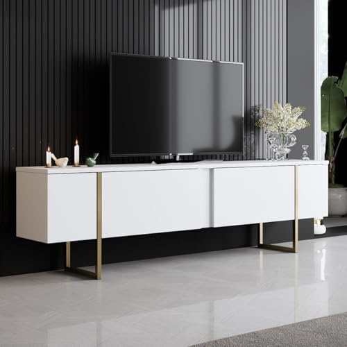 CONCEPTO FÁBRICA | Luxor - Mueble TV blanco y dorado de 2 puertas de 180 cm | Gran almacenamiento con estructura colgante | Estilo contemporáneo y elegante | Acabado brillante y acentos dorados |