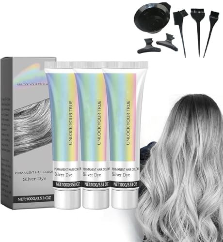 Tinte De Cabello Plateado Extracto De Esencia Natural 2 En 1, Crema De Tinte De Cabello Natural Gris Plateado, Crema De Tinte Gris Claro Plateado, Para Todo Tipo De Cabello (3pcs)