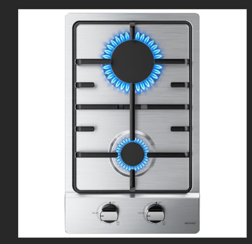 WEHIMO - Placa de cocina de Gas de 2 fuegos, 2 fuegos inox, cocina de gas con 2 quemadores, empotrable, rejilla de hierro fundido, 3700 W, ciudad y botella