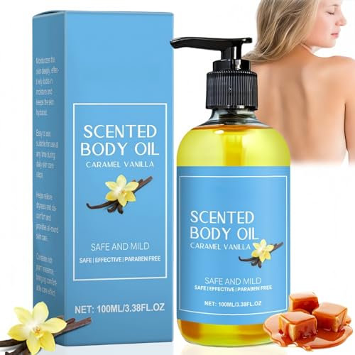 Caramel Vanilla Body Oil - Natural Brightening Massage Liquid With Warming Effect, Moisturizer and Bath Oil for Dry Skin, 100ml