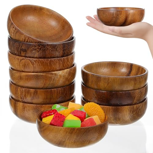 JIEYAO 10 Pcs 3.9 Acacia Wood Bowls, Small Wooden Salad Bowls Hand Carved Sauce Dipping Bowls Mini Calabash Dip Tray for Serving Popcorn Pasta Candy Coconut Nuts Sauce Appetizers