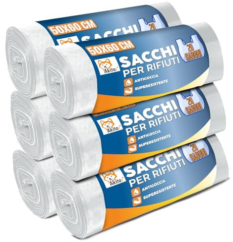 Akitaink - 120 Sacchetti Spazzatura 30L, 6 Rotoli da 20 Sacchi Pattumiera 50x60cm Trasparente, Ultra Resistenti Antigoccia Antistrappo, Sacchi Immondizia Casa Ufficio