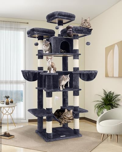 Globlazer Arbol Gato XXL para 3-5 Gatos, Arbol Gato Alto 204 cm con 3 Perchas Acolchadas, 2 Nidos, 2 Cesta, Hamaca, Árbol Rascador para Múltiple Gatos Descansar Jugar Interior (F80, Gris Oscuro)