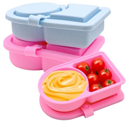 TULEBOLIAN 2 recipientes de silicona reutilizables de doble compartimento con tapas, recipientes para aderezos de ensalada, condimentos, para viajes, oficina, picnic, cajas de almacenamiento de