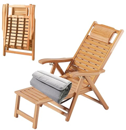YUJEYHD Chaise Longue Pliante, Fauteuil Inclinable en Bois Résistante aux Intempéries, Transat de Jardin avec Dossier Réglable sur 5 Positions, Repose-Pieds Rétractable, avec Coussin