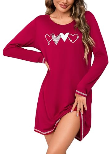 Bresdk Camicia da Notte Donna Manica Lunga Cotone Abito da Notte Elegante con Stampa Pigiama Donna Invernale Girocollo Comodo Nightwear per Casa e Relax Rosso M