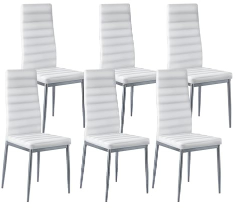 VEVOR moderner Esszimmerstuhl (6 STK.) eleganter gepolsterter Leder-Beistellstuhl (136 kg belastbar) für Esstische, platzsparender Küchentischstuhl mit dicken Kissen & Metallbeinen, Weiß Cafeteria