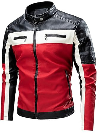 Giacca da Moto in Pelle per Uomo Giubbotto Equitazione Stile Moda Autunno Inverno Esterno Casual (Red, XL)