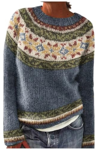 Générique Pull Norvégien Femme en Laine Grande Taille Sweatshirts Sweat sans Capuche Chic Et Elegant Pullover Jacquard Pull Islandais Hiver Chaud Col Rond Cachemire Polaire Torsade Irlandais