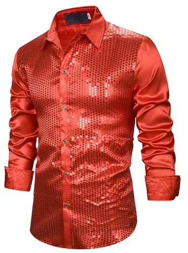 Camisa de Lentejuelas para Hombre de Manga Larga Camisas Corte Ajustado para Discoteca Club Nocturno Baile 70 Años Camisas