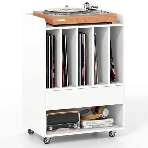 COSTWAY Meuble Platine Vinyle a Roulette avec Tiroirs, 6 Compartiments pour 150 Albums, Étagère, Meuble Rangement Hifi pour CD DVD Manga Livre, Support de Tourne-Disque pour Salon, Chambre (Blanc)