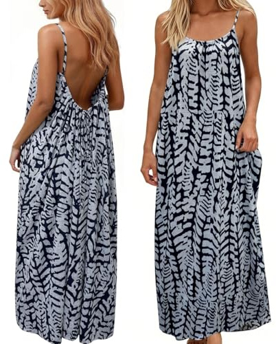 Crsiphee Women Summer Dresses Backless Cami Dress Sleeveless Maxi Sundress Flowy Printed House Dress for Holiday Beach Resort with Back Tie Blue L