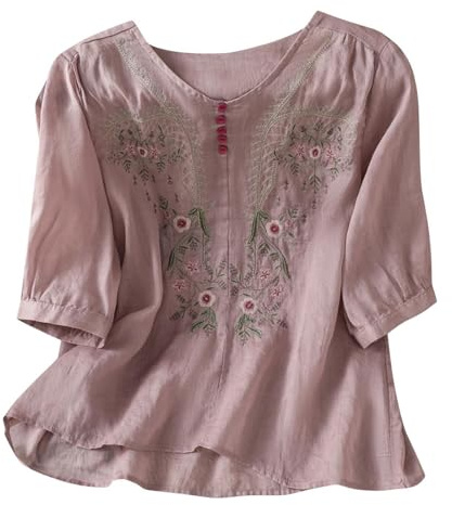 Women Linen Boho Blouse Floral Embroidered 3/4 Sleeve Plus Size Shirt | V Neck Summer Casual Lightweight Cotton Loose Fit Capsule Wardrobe Gauze Beach Vacation Top