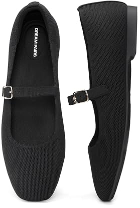 DREAM PAIRS Women's Mary Jane Square Toe Ballet Flats | Stretchy breathable knit upper, Durable anti-slip TPR outsole, Adjustable Buckle Arch Support Foldable Office Dress Shoes