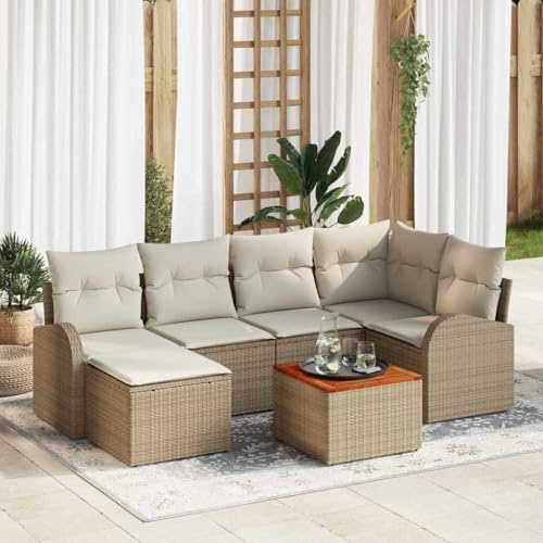 GeenYuu Ensemble canapé Jardin 7 pcs Beige polyrotin avec Coussins modulable pour terrasse Balcon Patio, mobilier extérieur résistant aux intempéries et UV, Table Basse, Banquette Angle
