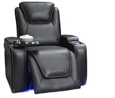 Seatcraft Equinox Home Theater Chair with Power Recline, Lumbar Support, Hidden Storage, LED Cup Holders, USB Port, and Premium Leather – Adjustable Single Recliner for Movie Nights, Black
