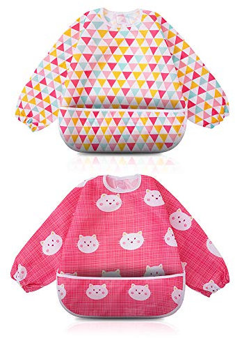 Little Dimsum Lätzchen Baby Lätzchen mit Ärmeln, Lätzchen Wasserdicht Abwaschbar Ärmellätzchen, Baby Bibs Set für Kleinkinder mit Großer Tasche (6-36 Monate) - 2er-Pack