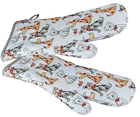 SPOTTED DOG GIFT COMPANY - 2 Set Hitzebeständig Lange Ofenhandschuhe Verdickte Hitzeresistente Topflappen Backhandschuhe aus Qualitäts Weiß Baumwolle mit Süß Hund-Motiv für Hundeliebhaber Geschenk