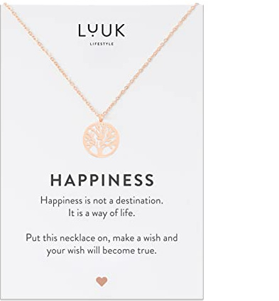 LUUK LIFESTYLE Halsband i rostfritt stål med livets trädhänge och ett HAPPINESS-kort, lyckoamulett, vänskapsgåva, rosé