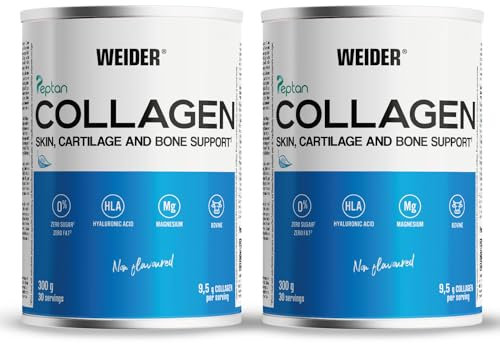 Weider Collagen Pulver Duo Pack, Kollagen Peptide hochdosiert, mit Hyaluronsäure, Magnesium und Vitamin C, zuckerfrei, für gesunde Haut, Knorpel und Knochen, 2x 300g (2x 30 Portionen!)