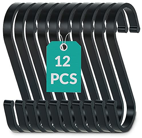 Praknu 12 Crochets Plats Noirs en S en Acier Inoxydable - 8cm - Charge jusqu'à 25kg - Crochet de Suspension pour Cuisine