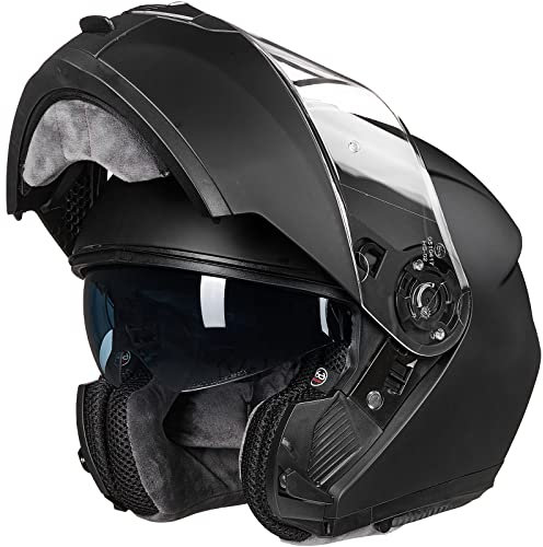 ILM Adult Motorbike Modular Full Face Helmet Flip Up Dual Visor ECE22.06 Approved Model 159,Matte Black,L