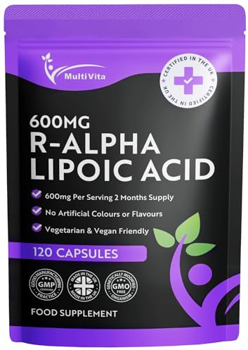R-Alpha Lipoic Acid R-ALA 600mg Per Serving 120 Capsules High Strength Antioxidant Supplement, Contains Only the R Form, Non-GMO, UK Manufactured to GMP Standards