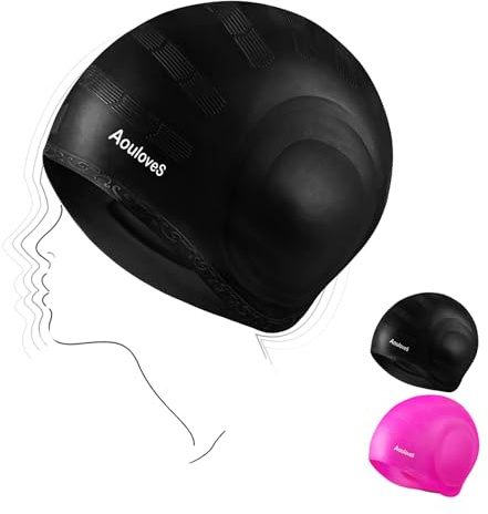 Aouloves 2 Pack Unisex Swim Caps with 3D Ear Protection, Durable Silicone Swimming Caps for Women Men Adults Youths Kids, Easy to Put On and Off