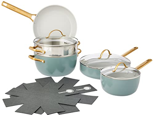 GreenPan Hard Anodized Healthy Ceramic Nonstick, 10 Piece Cookware Pots and Pans Set, PFAS-Free, Dishwasher Safe, Smokey Blue