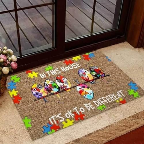 Door Mat Indoor Entrance Print Welcome Funny Doormat Doormat Home Decor Birds in This House It's Ok to Be Different Autism Awareness Home Decor Housewarming Gift 24X16 Inch