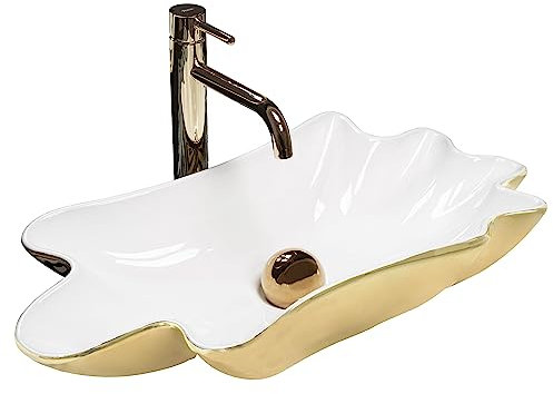 Rea Aufsatzwaschbecken Sea White Gold + STÖPSEL Pop up Waschtisch Handwaschbecken Waschschale Waschbecken für Badezimmer aus Keramik 620 mm x 330 mm x 115 mm (Gold/weiß)