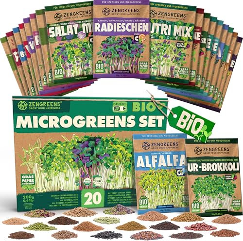 ZenGreens® - Graines germées bio en Kit de 20 - Graines germées - Culture facile en pot ou en terrine - Grand paquet - 20 variétés différentes - Microgreens Samen Mix - Lot de 20