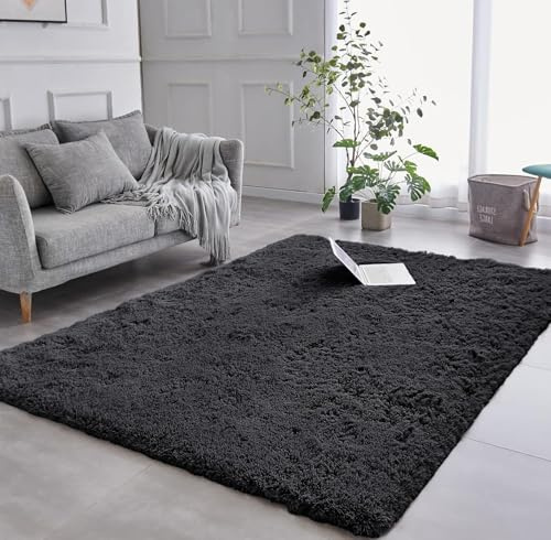 AMEHA Alfombra moderna para sala de estar y dormitorio, antideslizante, pelo largo y sin desprendimiento, fácil de limpiar (color negro, 80 x 150 cm)