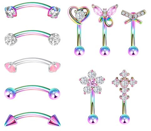 Longbeauty 16G Edelstahl Bananabells Gebogen Barbell Piercing Zirkonia Lippen Augenbrauen Labret Septum Bauch Ring, 10 Stk, Bunt