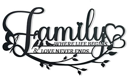 Family Sign Black Metal Wall Art Decor, Family Where Life Begins Love Never Ends Wrought Iron Wall Decorations, Hanging Family Signs Home Decor for Living Room Bedroom Dining Room Kitchen