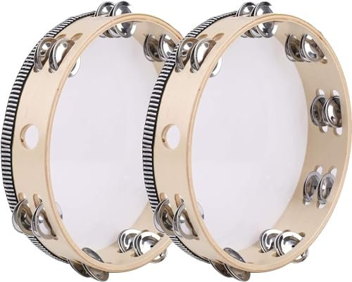 FWEEK 2 Stück Tamburin Handtrommel, 8 Zoll Kinder Percussion Tamburin, Holz Handtrommeln, Handheld Tamburin, Handtrommel Percussion für Party, KTV, Musikunterricht und Spiele