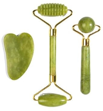 Guasha Stein, Jade Roller und GuaSha Set, aus Jade zur Gesichtsformung und Hals und Dekoltee Skincare, Gesichtsroller, Massage dermaroller