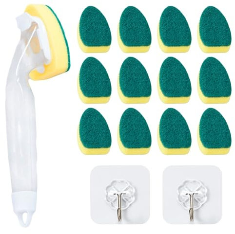 1 Piece Long-Handled Pot Brush with 12 Sponge Heads, 2 Pieces Transparent Hooks, Kitchen Cleaning Sponge Brush, Dishwashing Brush with Detergent Dispenser, Sponge Cleaning Tool