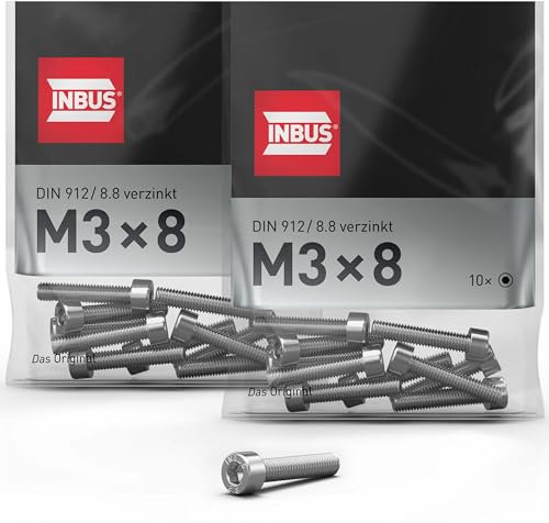 INBUS® Zylinderschrauben mit Innensechskant M 3 x 8mm (DIN 912/ ISO 4762, 8.8 Verzinkt), 20 Stück — Das Original
