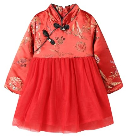 Mud Kingdom Flickor kinesisk stil klänningar mandarin krage Embeoidery Cheongsam Tutu klänning fleece foder festival Hanfu klänning nyår, Phoenix röd, 9-10 År