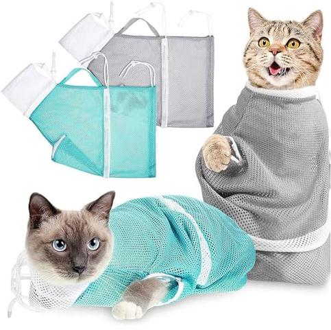 CERICAI 2pcs Cat Grooming Bag - Adjustable Cat Bathing Bag Anti Scratch Bite Polyester Soft Durable Mesh Cat Shower Bag, for Small Medium Large Cats Bathing, Nail Trimming, Injection, Medicine Taking